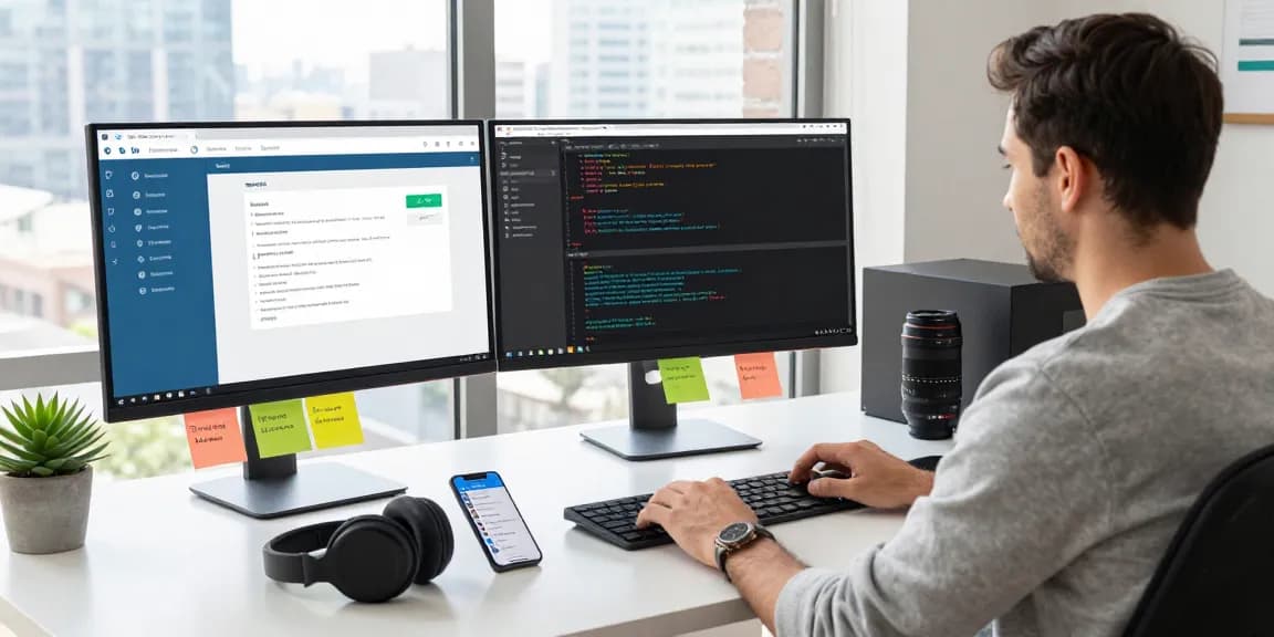 Using the Telegram Web Version in a modern tech workspace, showcasing a developer's productivity.
