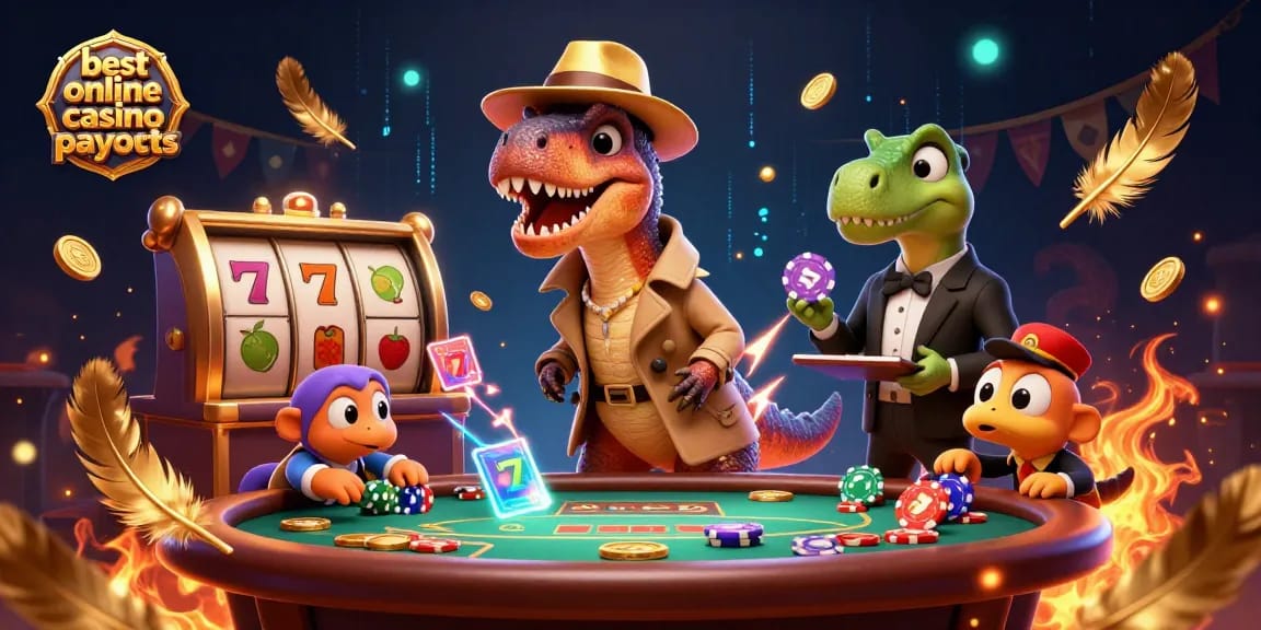 Engage with the vibrant scene showcasing the best online casino payouts with playful dinosaurs at a blackjack table.