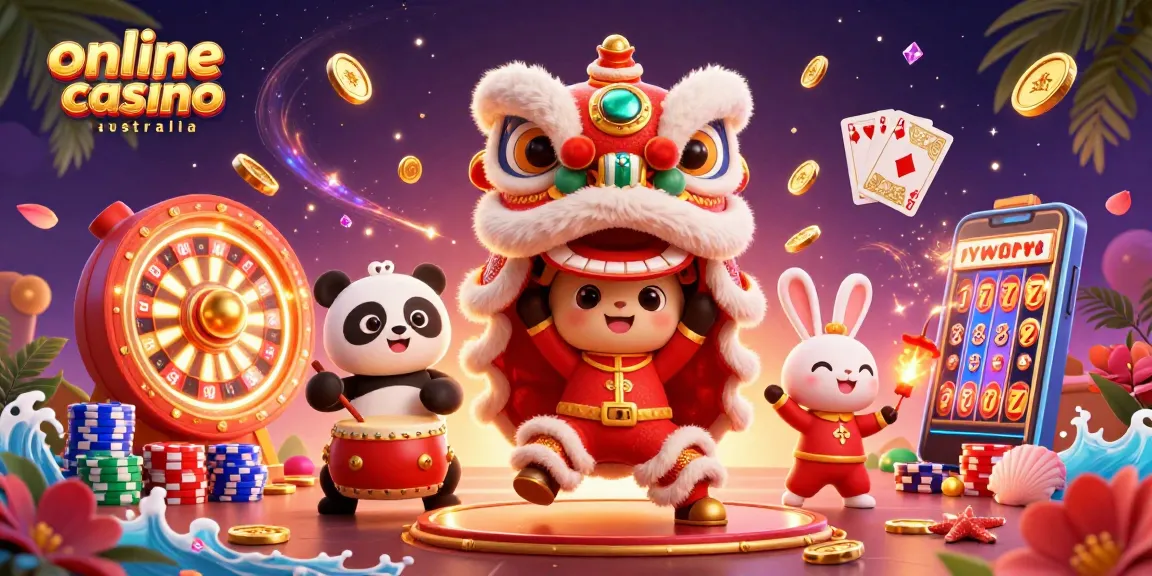 Experience the excitement of online casino australia with a vibrant scene of a lion dance and casino elements.