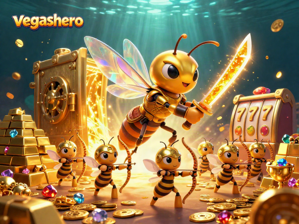 Engage with vegashero in a vibrant scene of gaming action filled with gold and slot reels.