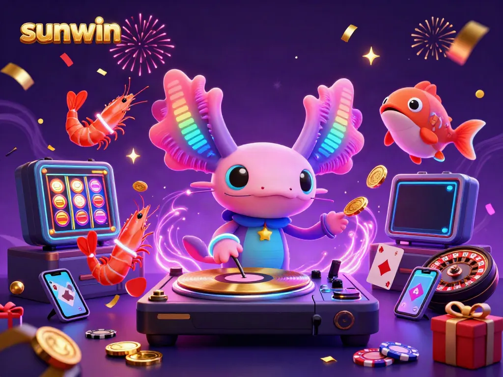 Experience high-energy gameplay at Sunwin with a vibrant axolotl DJ and animated casino elements.