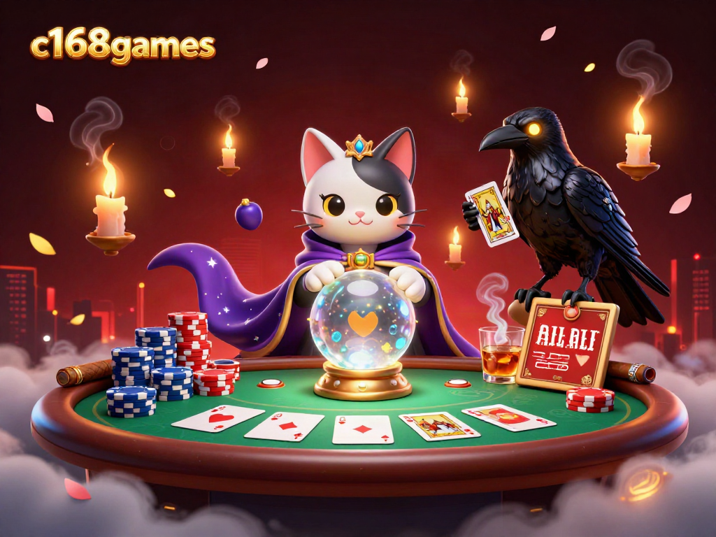 Experience the thrill of c168games with vibrant poker action, chips, and mystical atmosphere.