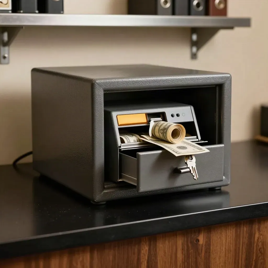 Compacte inwerpkluis met muntrollen en lade-unit in donker studio-licht met amberaccent.