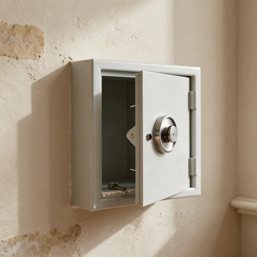 Inbouwkluis half uit een ruwe muur met sleutel, pleisterstof en losse brokjes.