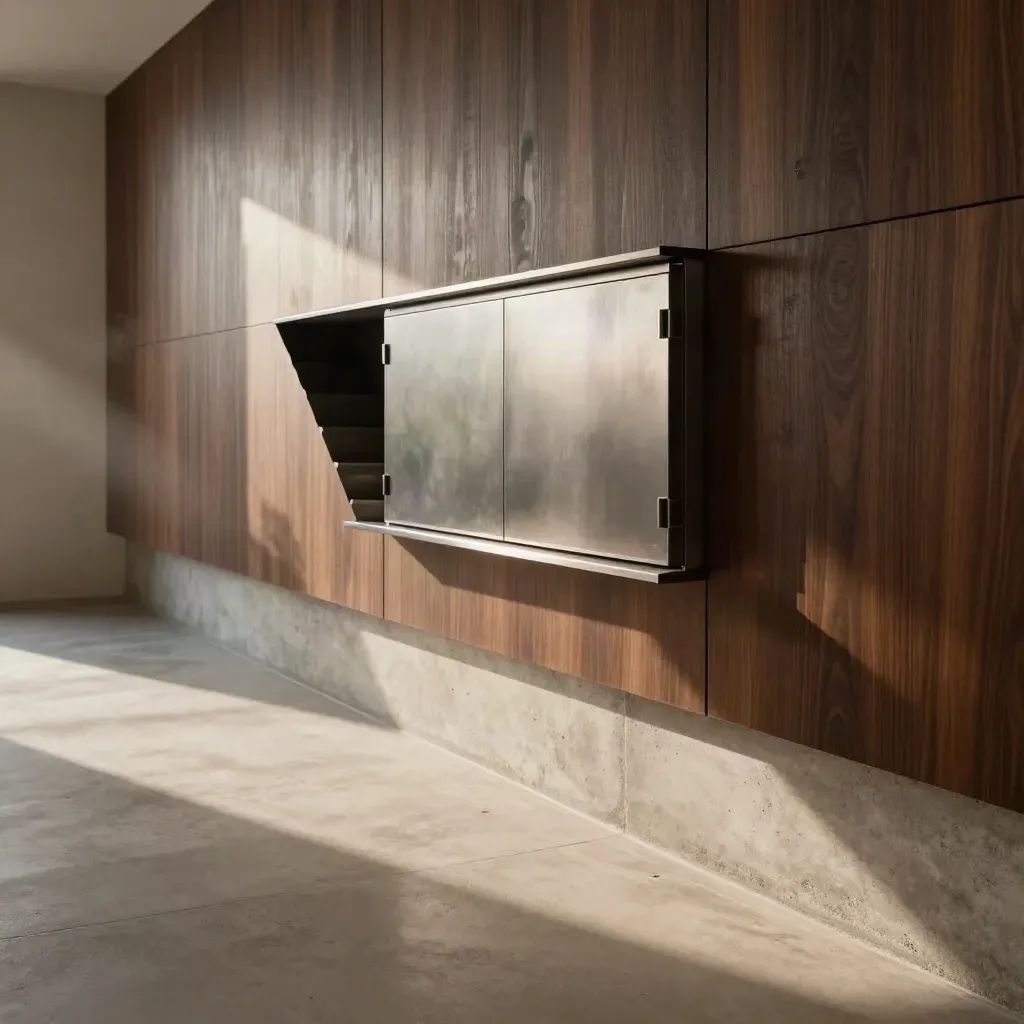 Moderne betonnen nis met donkere houten wand en stalen kluisdetail in warm namiddaglicht