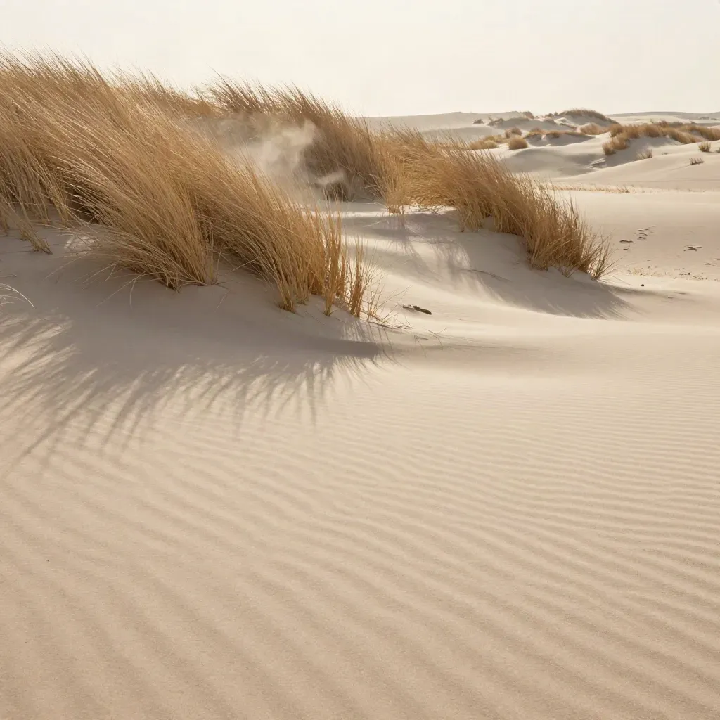 Duinrand met droog gras, lichte zandplaat en zachte lucht, veel rust voor kopie.
