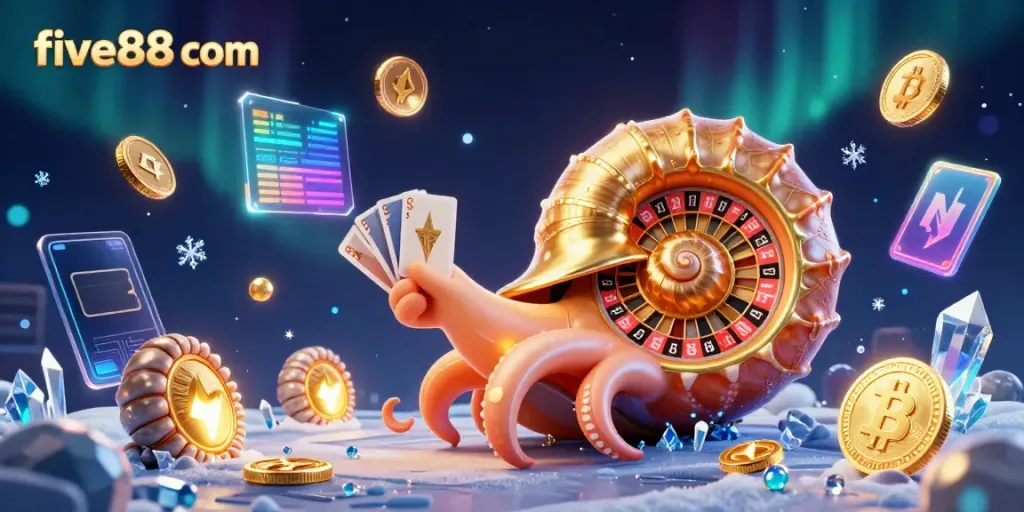 Experience the excitement of five88 com with a colorful 3D casino scene featuring vibrant game elements.