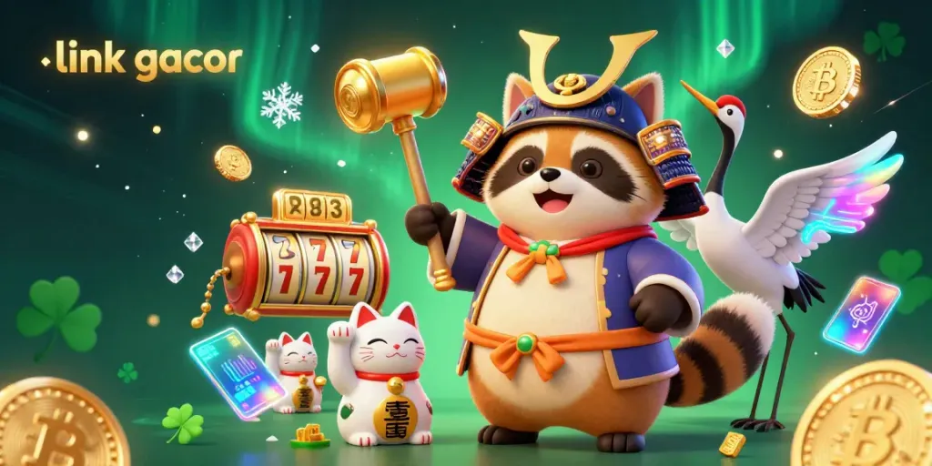 Experience gameplay excitement with link gacor featuring a cheerful tanuki and lucky symbols in a vibrant casino scene.