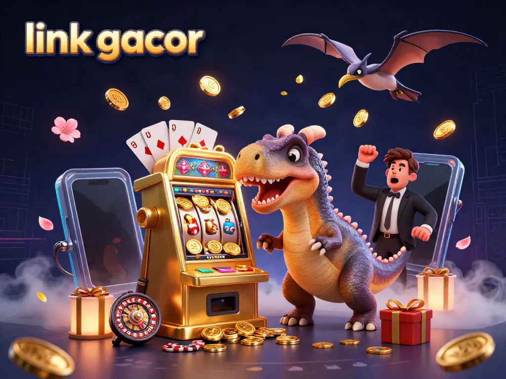 Play exciting slots and discover jackpots at link gacor in a vibrant 3D illustration of a casino scene.