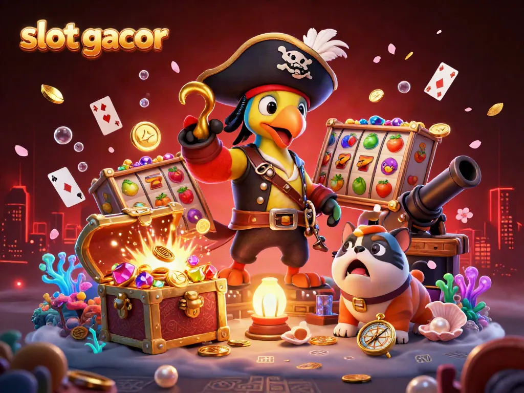 Experience slot gacor with vibrant characters, spinning reels, and treasure bursts in this detailed casino scene.
