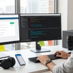 Using the Telegram Web Version in a modern tech workspace, showcasing a developer's productivity.