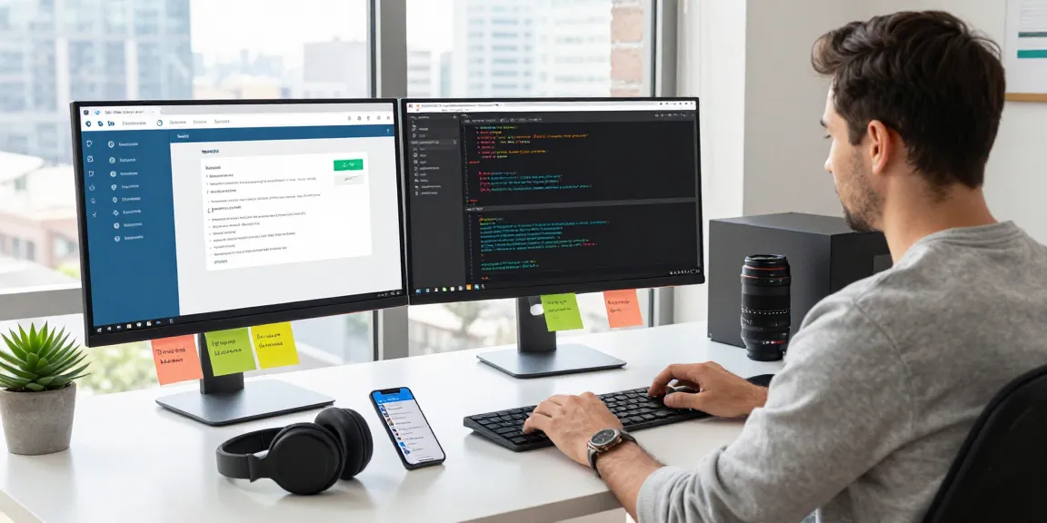 Using the Telegram Web Version in a modern tech workspace, showcasing a developer's productivity.