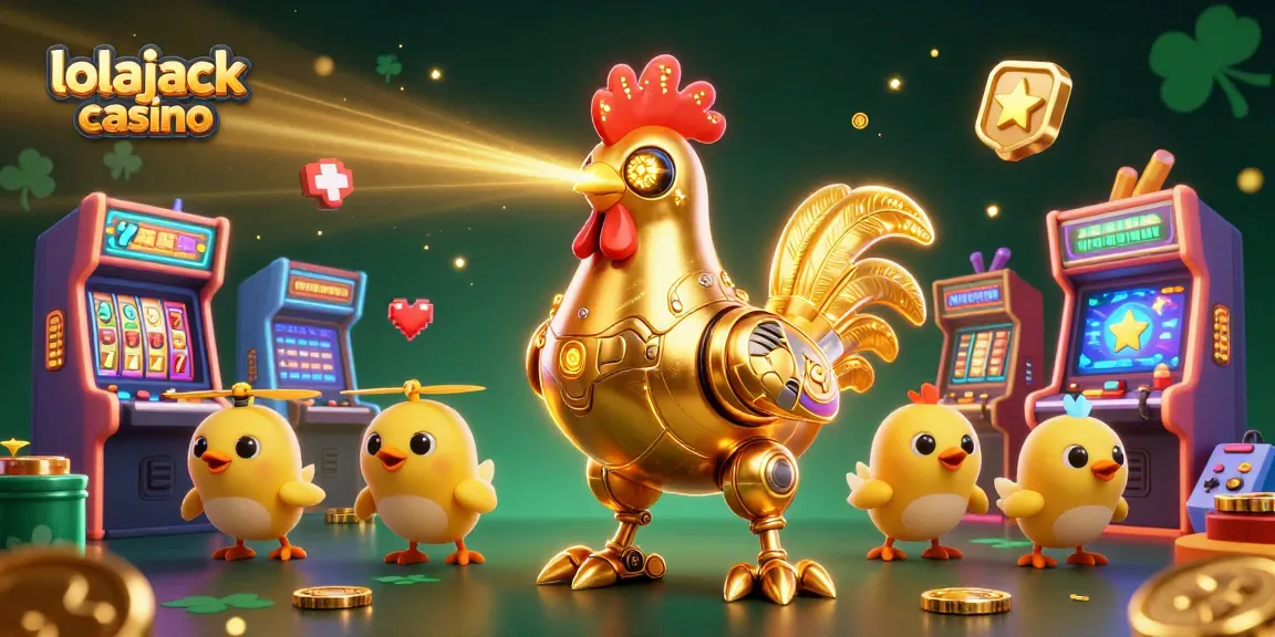 Engage with exciting games at lolajack casino featuring a golden rooster robot with chick drones.