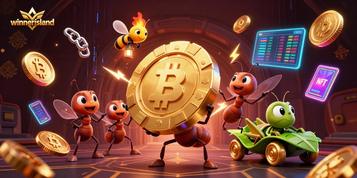Engage with winnerisland as cartoon ants heist a golden poker chip amidst vibrant casino elements.