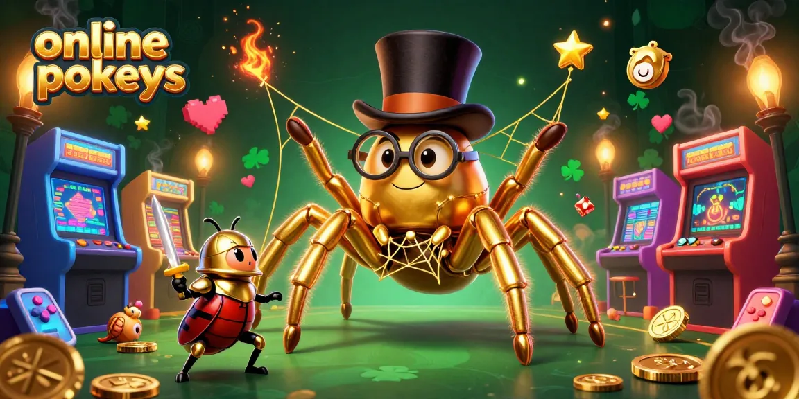 Play exciting online pokies with a vibrant scene featuring a golden tarantula and playful characters.